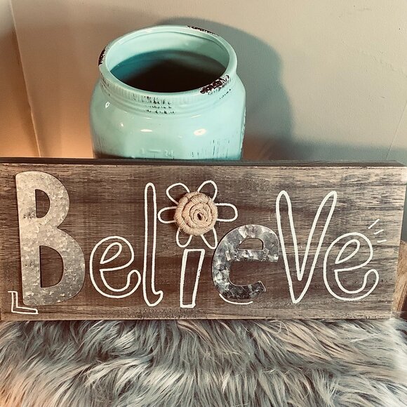 Kirkland's Mixed Media BELIEVE Wooden Sign (galvanized metal + burlap) - Picture 1 of 3